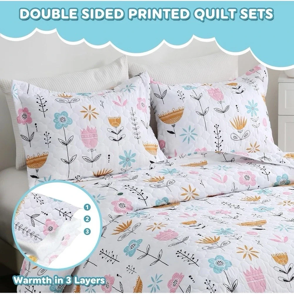Girls Pink Floral Quilt Set Full Size‎ Kids Bedding Set